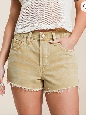 Levi’s 501 High-Rise Frayed Hem Denim Shorts in Light Khaki Sz 31 NWT